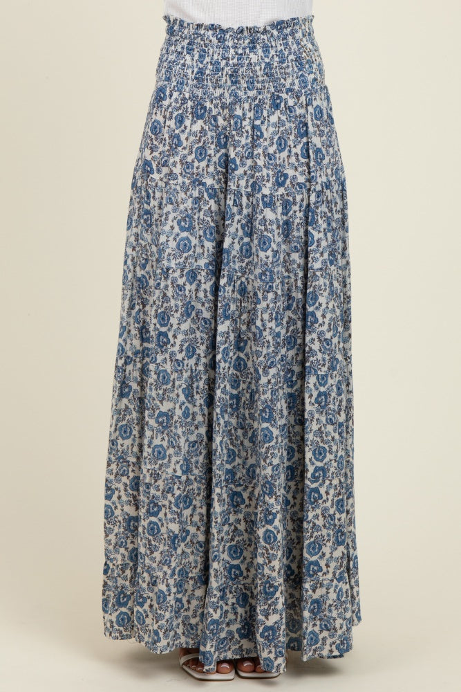 Blue Floral Smocked Waist Tiered Maxi Skirt