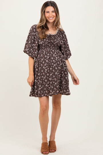 Brown Floral Square Neck Bubble Sleeve Maternity Dress