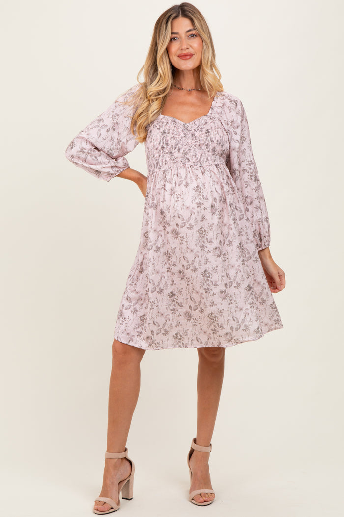 Pink Floral Sweetheart Neck Smocked Maternity Dress
