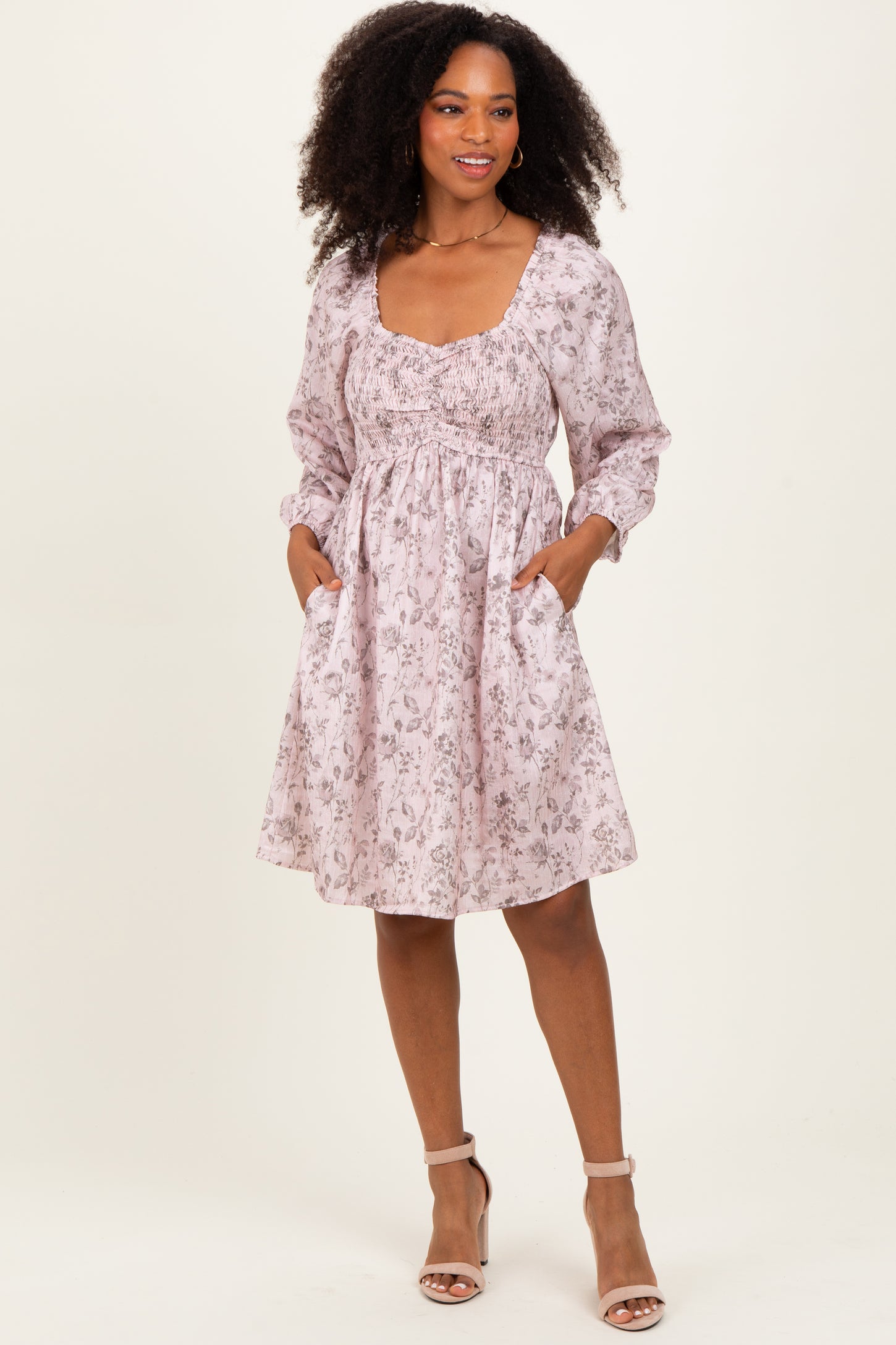 Pink Floral Sweetheart Neck Smocked Dress
