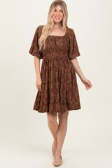 Brown Floral Square Neck Dress