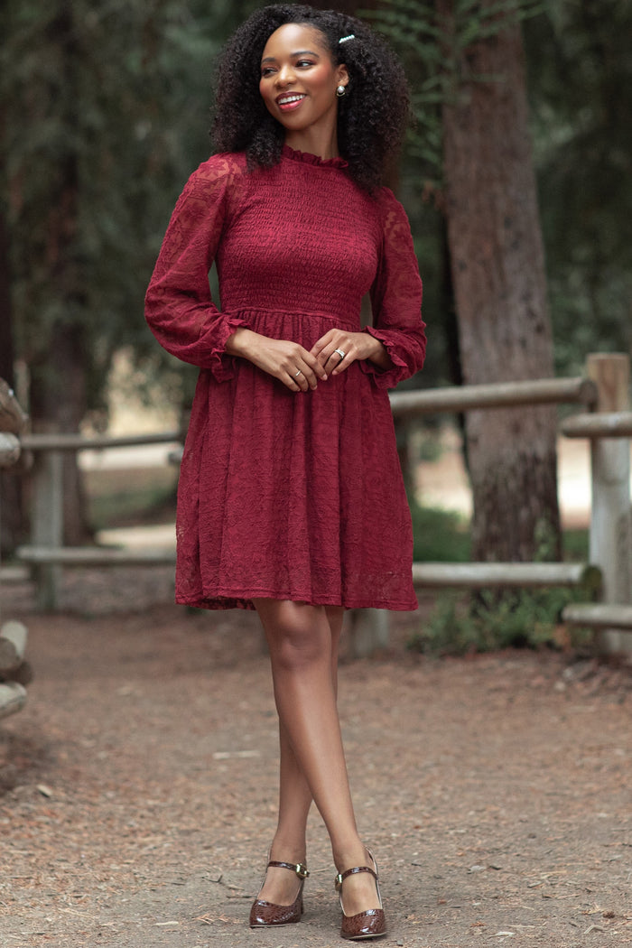 Red Lace Smocked Long Sleeve Maternity Dress