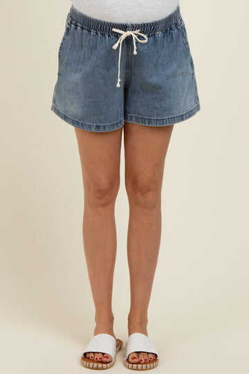 Blue Drawstring Maternity Denim Shorts