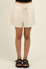 Cream Ribbed Texture Drawstring Shorts