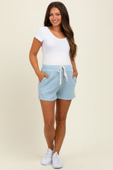 Light Blue Ribbed Texture Drawstring Maternity Shorts