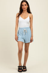 Light Blue Ribbed Texture Drawstring Shorts