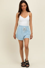 Light Blue Ribbed Texture Drawstring Maternity Shorts