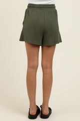 Olive Ribbed Texture Drawstring Shorts