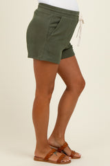 Olive Ribbed Texture Drawstring Maternity Shorts