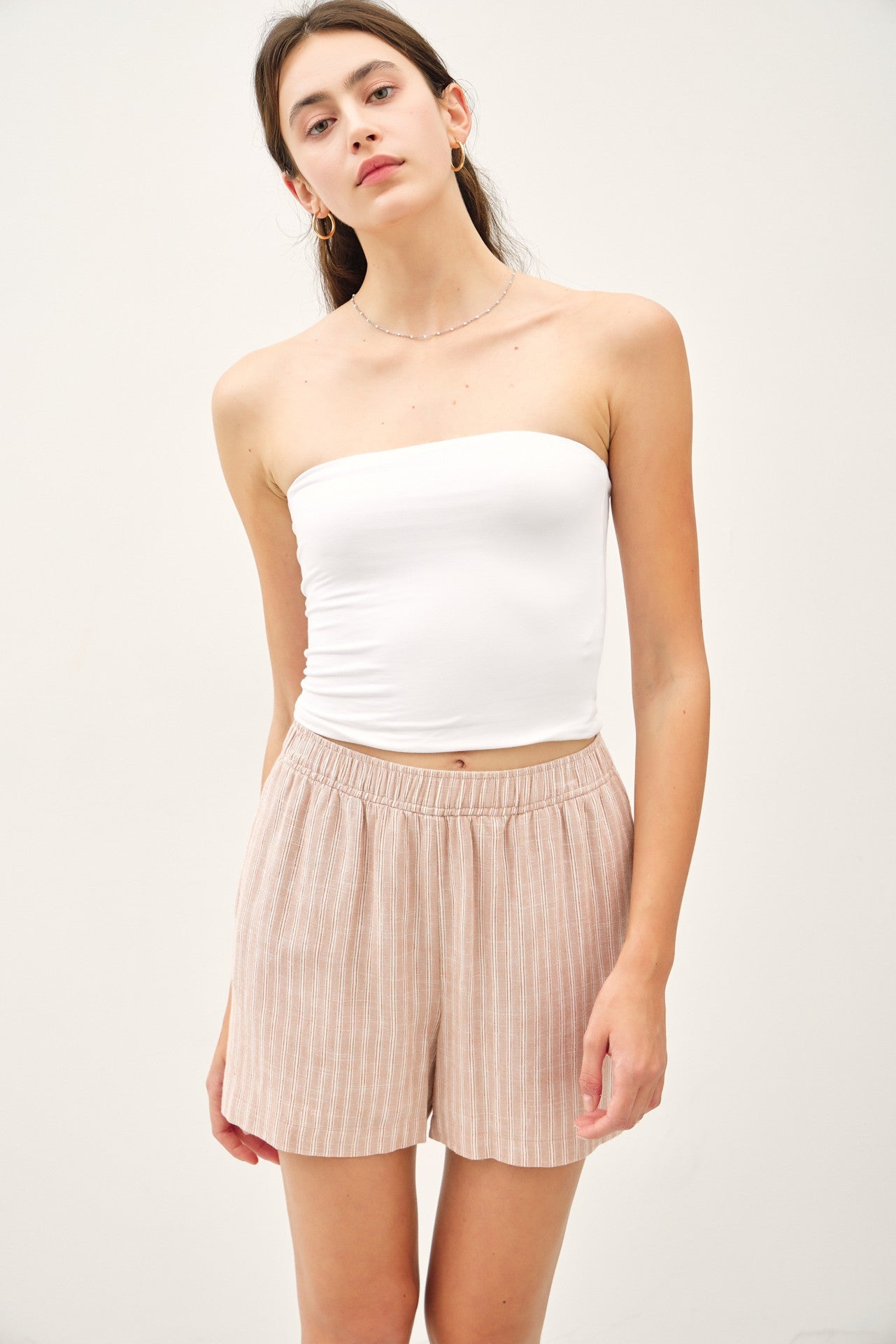 Beige Striped Linen Blend Maternity Shorts