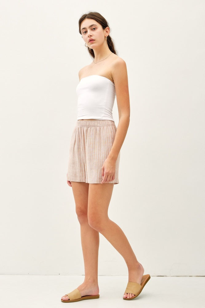 Beige Striped Linen Blend Shorts