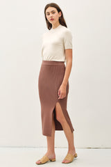 Mocha Ribbed Knit Side Slit Maternity Midi Skirt