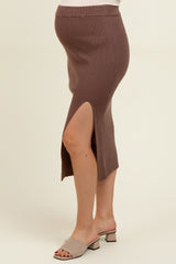 Mocha Ribbed Knit Side Slit Maternity Midi Skirt