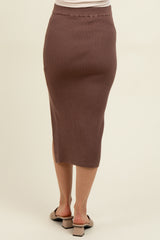 Mocha Ribbed Knit Side Slit Maternity Midi Skirt