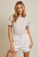 Ivory Striped Puff Short Sleeve Top