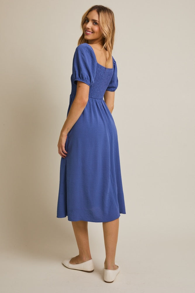 Navy Blue Smocked Square Neck Bow Detail Midi Dress