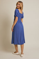 Navy Blue Smocked Square Neck Bow Detail Midi Dress