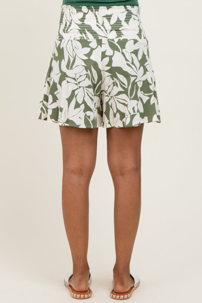 Light Olive Floral Smocked Waist Maternity Shorts