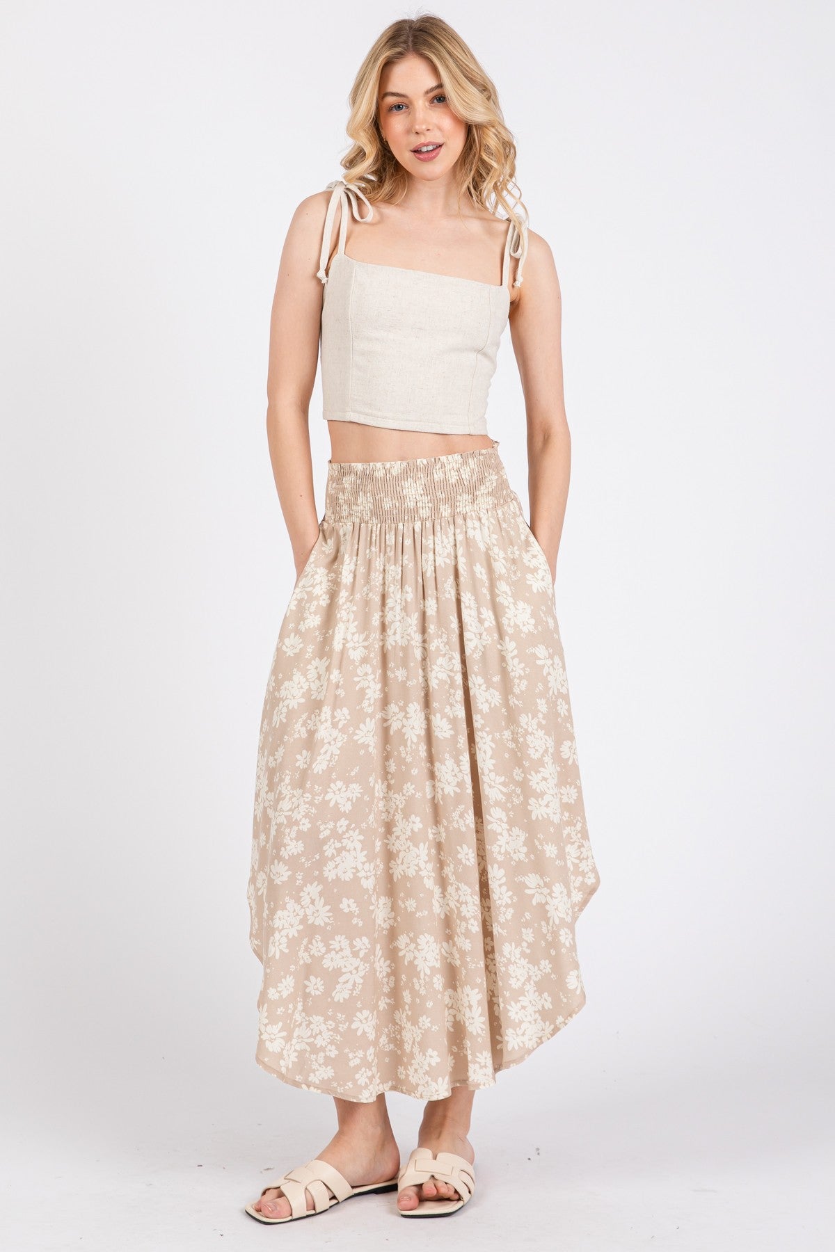 Beige Floral Smocked Waist Round Hem Maxi Skirt