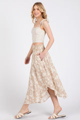 Beige Floral Smocked Waist Round Hem Maxi Skirt
