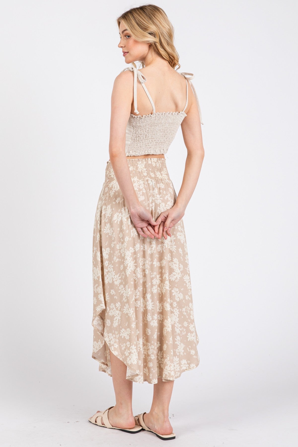 Beige Floral Smocked Waist Round Hem Maxi Skirt