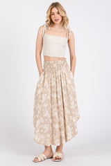 Beige Floral Smocked Waist Round Hem Maternity Maxi Skirt