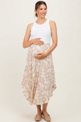 Beige Floral Smocked Waist Round Hem Maternity Maxi Skirt