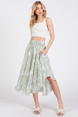 Light Olive Floral Smocked Waist Round Hem Midi Skirts