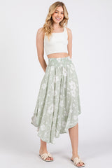 Light Olive Floral Smocked Waist Round Hem Midi Skirts