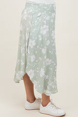 Light Olive Floral Smocked Waist Round Hem Maternity Midi Skirts