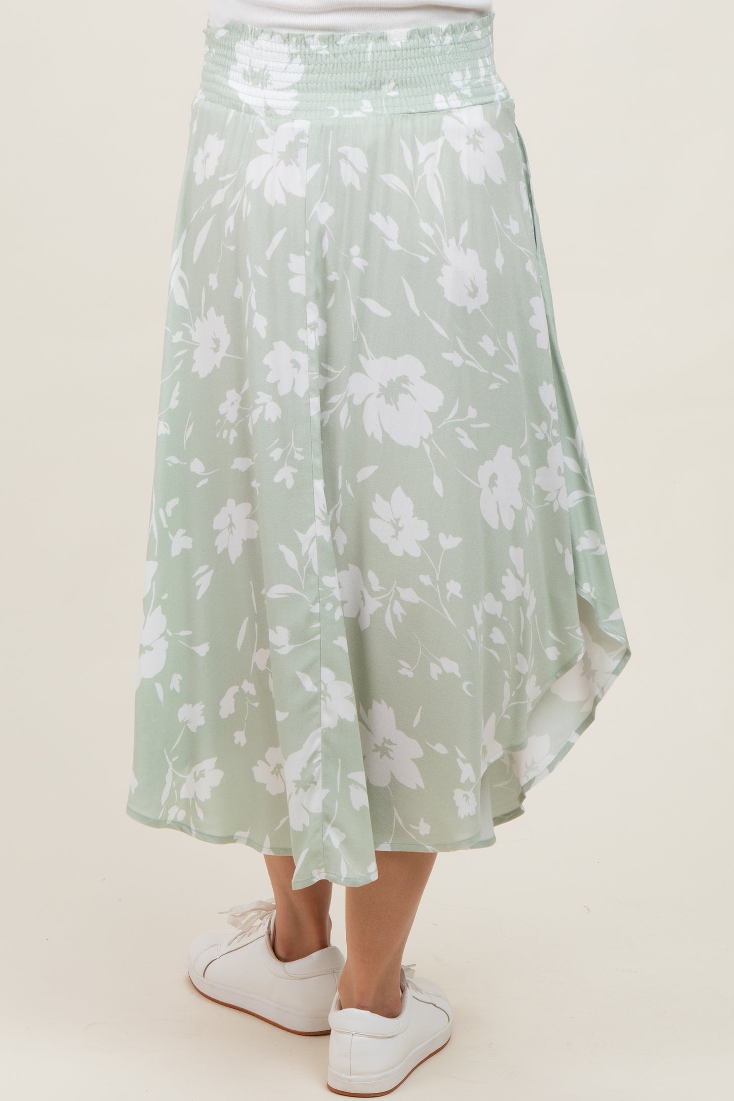 Light Olive Floral Smocked Waist Round Hem Maternity Midi Skirts