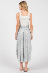 Blue Printed Smocked Waist Round Hem Midi Skirt