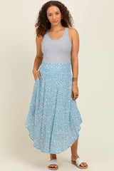 Blue Floral Smocked Waist Round Hem Maternity Midi Skirt