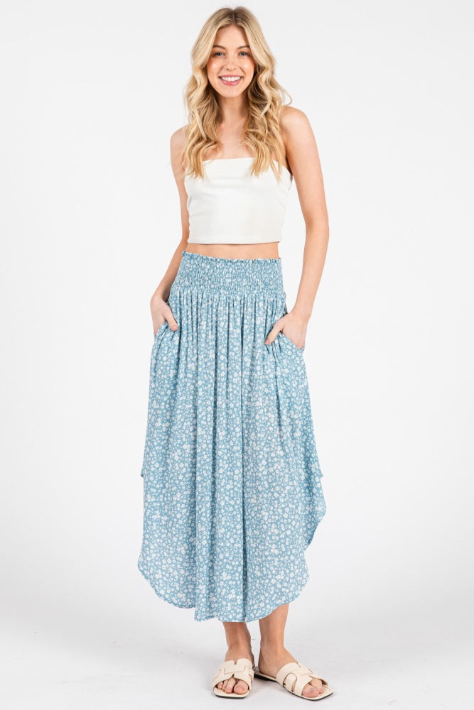 Blue Floral Smocked Waist Round Hem Midi Skirt