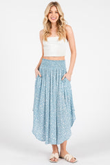 Blue Floral Smocked Waist Round Hem Midi Skirt