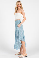 Blue Floral Smocked Waist Round Hem Midi Skirt