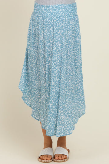 Blue Floral Smocked Waist Round Hem Maternity Midi Skirt