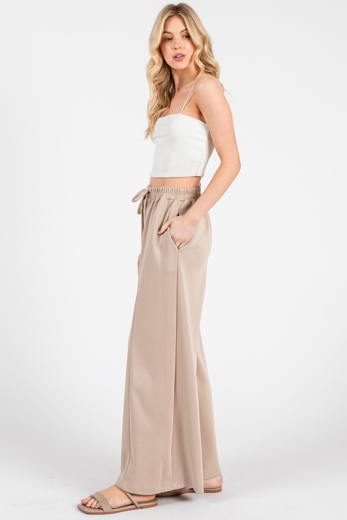 Beige Drawstring Wide Leg Pants