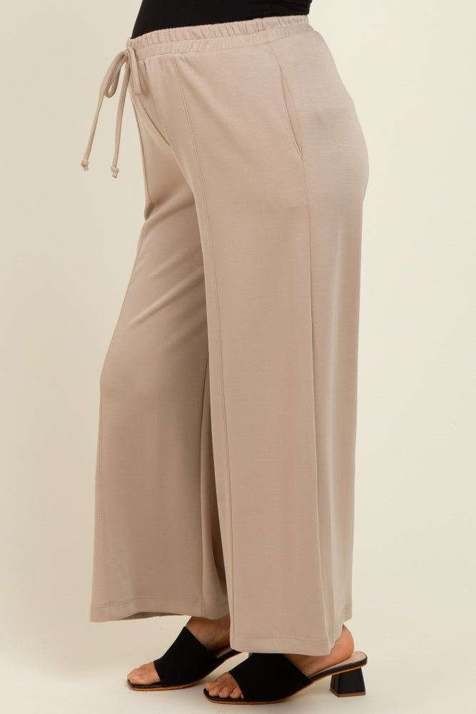Beige Drawstring Wide Leg Maternity Pants