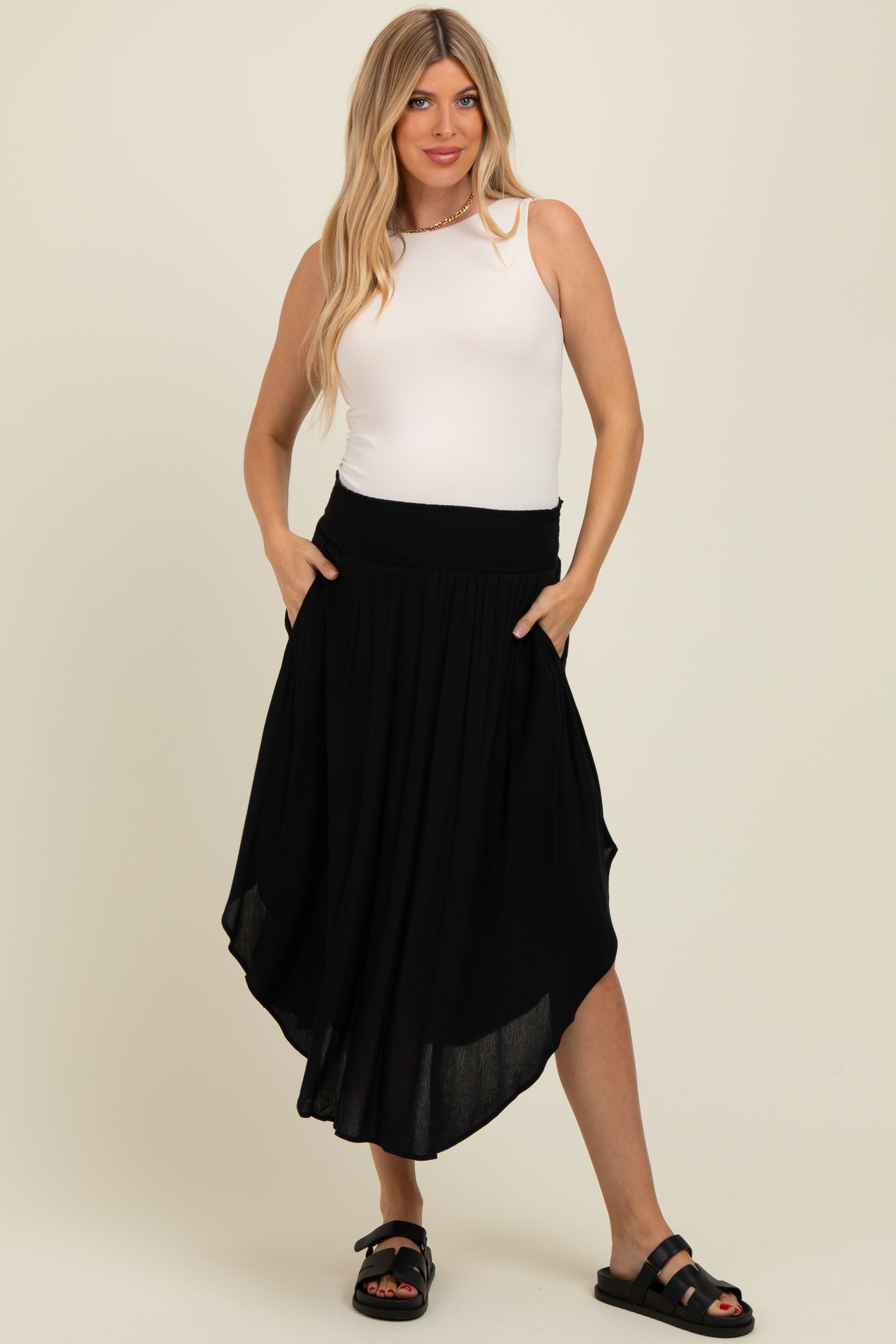 Black Smocked Waist Rounded Hem Maternity Skirt
