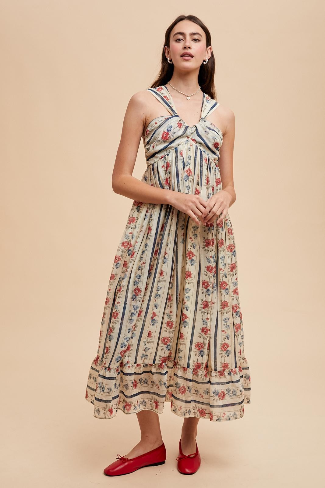 Multi Color Striped Floral Cotton Maternity Maxi Dress