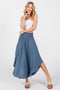 Blue Smocked Waist Rounded Hem Midi Skirt