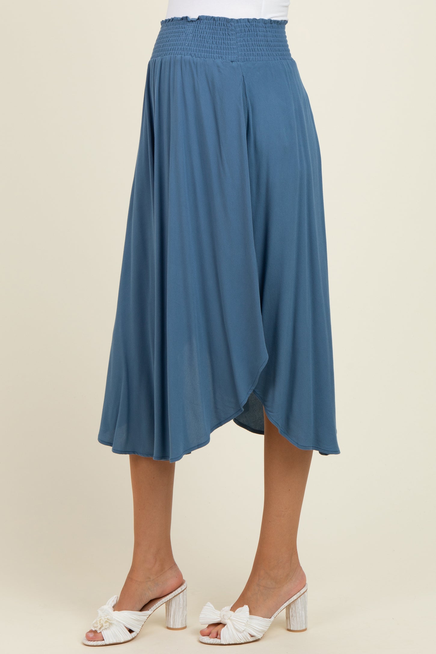 Blue Smocked Waist Rounded Hem Maternity Midi Skirt