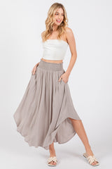 Light Grey Smocked Waist Rounded Hem Midi Skirt