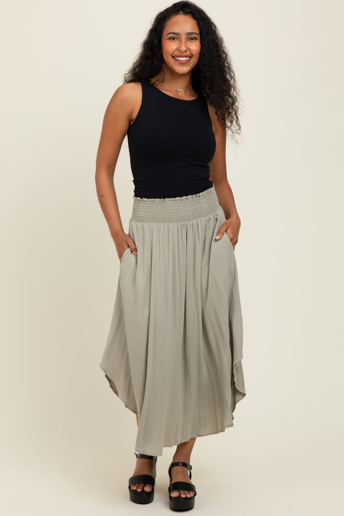 Light Olive Smocked Waist Rounded Hem Midi Skirt