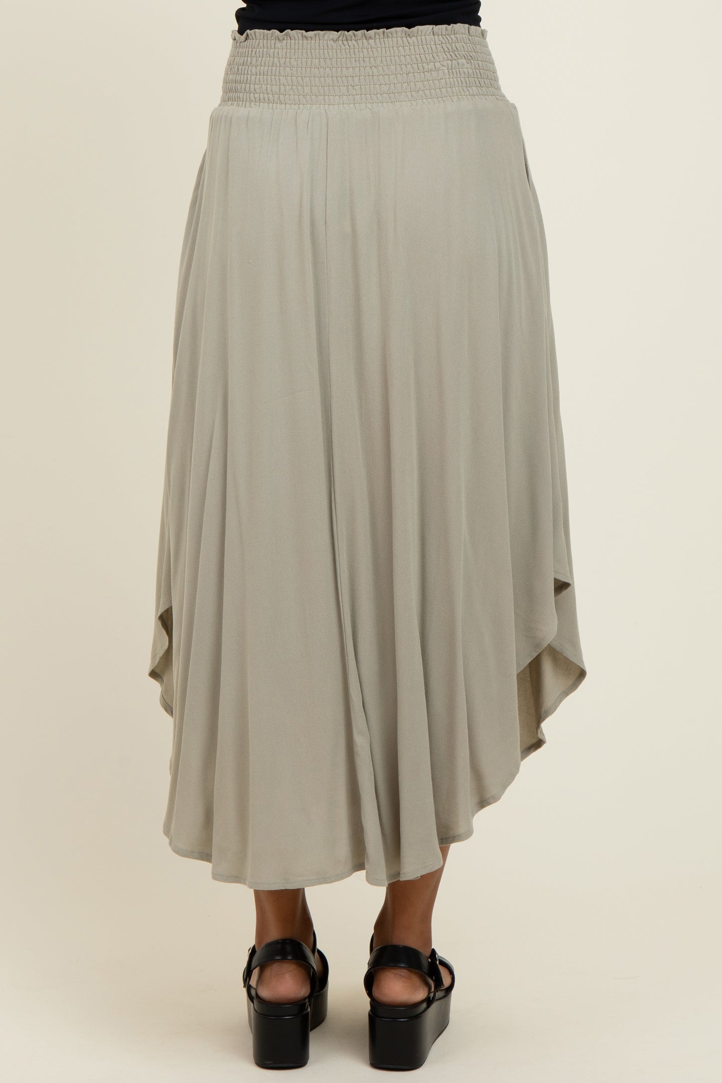 Light Olive Smocked Waist Rounded Hem Midi Skirt