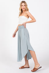 Light Blue Smocked Waist Rounded Hem Midi Skirt