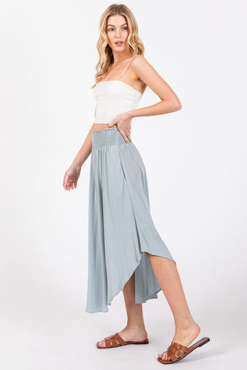 Light Blue Smocked Waist Rounded Hem Midi Skirt