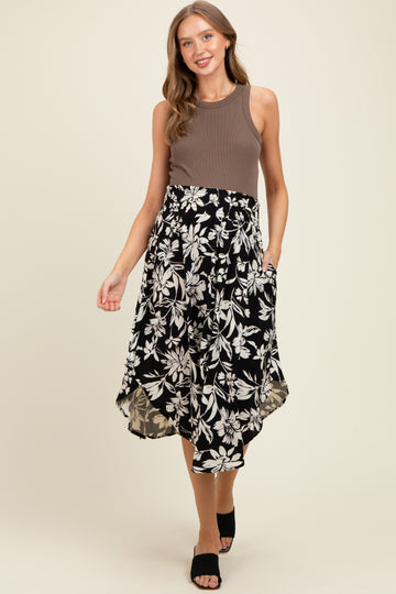 Black Floral Smocked Waistband Maternity Midi Skirt
