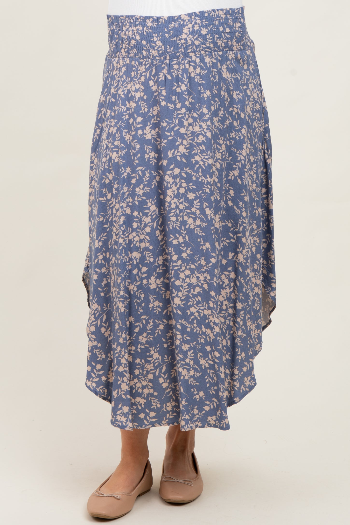 Blue Floral Smocked Waist Maternity Skirt